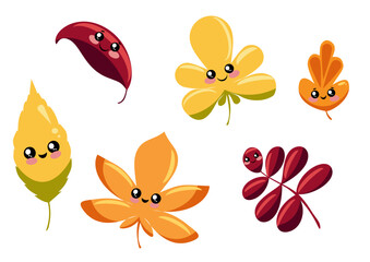 Cute Autumn Leaves with Kawaii Faces Vector Set
Colorful vector set of autumn leaves with kawaii smiling faces. Fun and playful seasonal illustration for kids, stickers, and decor