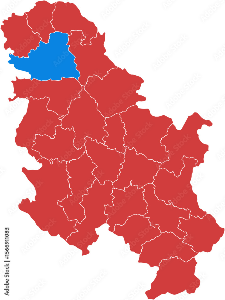 Poster map of serbia highlighting one region in blue and the rest in red isolated on transparent background