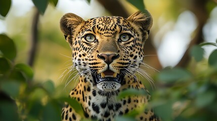Close-up of a majestic leopard peering through lush green foliage, showcasing its striking features and intense gaze.