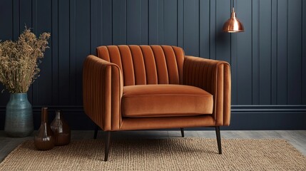 Rusty-orange velvet armchair in a modern living room.