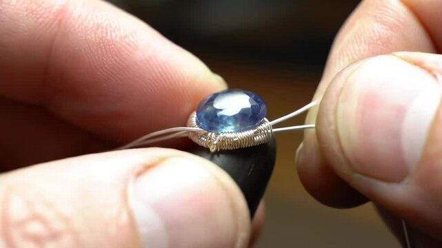 Closeup view of expert hands crafting a gemstone pendant with precision
