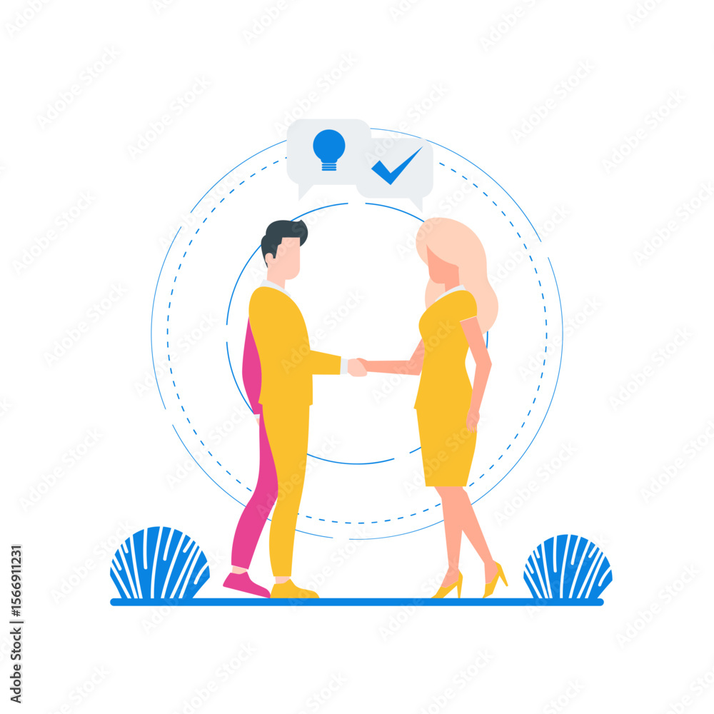 Aufkleber business partners shaking hands with a lightbulb and checkmark in speech bubbles isolated on transpa
