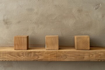 High Quality Image of a Wooden Shelf with Three Wooden Cubes on it