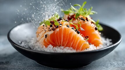 Plate of food with a black bowl and a white plate. The food is salmon and it is garnished with parsley
