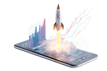 Rocket launching from a smartphone screen with graphs. Concept of mobile app launch, business growth, and digital innovation.