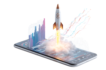 Rocket launching from a smartphone screen with graphs.  Concept of mobile app launch, business growth, and digital innovation.
