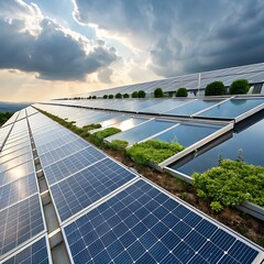 Green alternative energy from solar photovoltaic panels on roads, roofs, and power stations under a blue sky