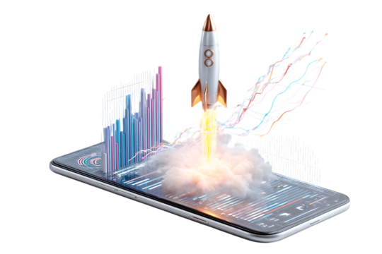 Rocket launching from a smartphone screen with graphs.  Concept of mobile app launch, business growth, and digital innovation.