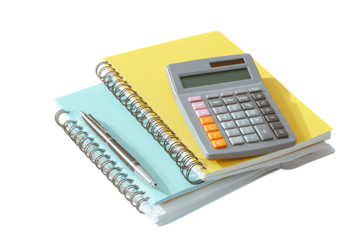 Close up of a calculator, notebooks, and pen.