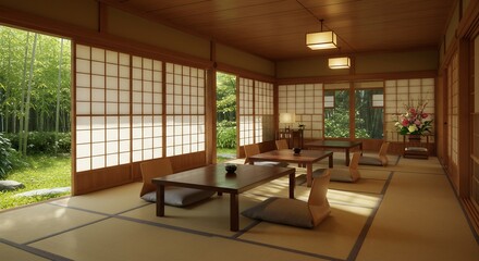Serene Japanese Interior: Tatami Room with Garden View and Shoji Screens