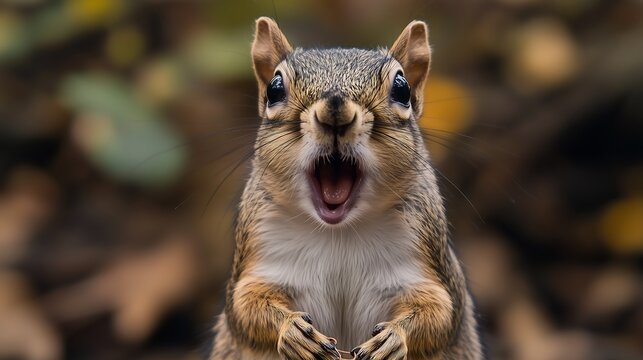 A surprised gray squirrel with an open mouth in an autumn setting.