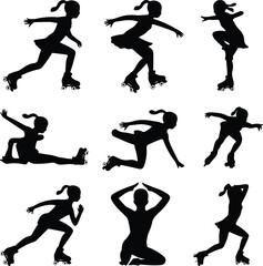 Stylish Roller Skater Girl Icons – Dynamic Vector Silhouettes Girl Roller Skating Silhouette Set – Fun & Energetic Icon Collection
