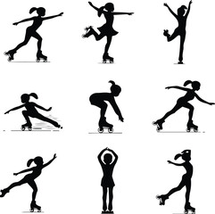 Stylish Roller Skater Girl Icons – Dynamic Vector Silhouettes Girl Roller Skating Silhouette Set – Fun & Energetic Icon Collection
