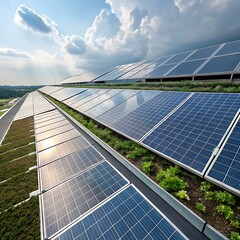 Green alternative energy from solar photovoltaic panels on roads, roofs, and power stations under a blue sky