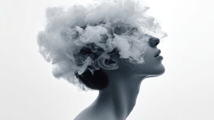 Woman with a cloud of smoke on her head. The smoke is coming from a cigarette. The woman is looking at the camera