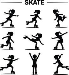 Stylish Roller Skater Girl Icons – Dynamic Vector Silhouettes Girl Roller Skating Silhouette Set – Fun & Energetic Icon Collection
