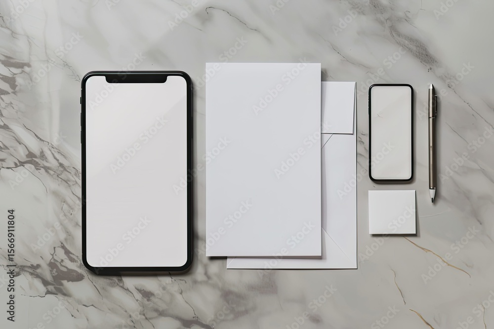 Poster clear pixel image of letterhead and identity design with smartphone flat lay