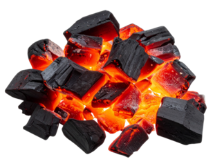 Glowing Hot Charcoal Embers with Intense Orange Light, isolated on a transparent background