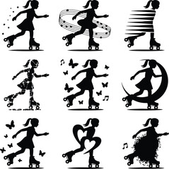 Stylish Roller Skater Girl Icons – Dynamic Vector Silhouettes Girl Roller Skating Silhouette Set – Fun & Energetic Icon Collection
