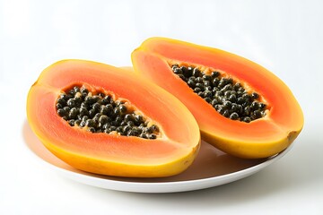 Two halves of a vibrant papaya fruit showcasing seeds on a white plate