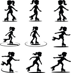 Stylish Roller Skater Girl Icons – Dynamic Vector Silhouettes Girl Roller Skating Silhouette Set – Fun & Energetic Icon Collection