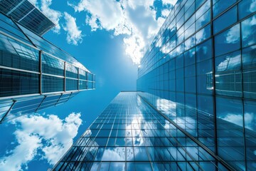 High Quality Image of Low Angle View of Modern Glass Skyscrapers Against Blue Sky
