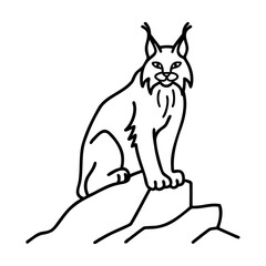 Black line art illustration of a lynx sitting on a rock formation