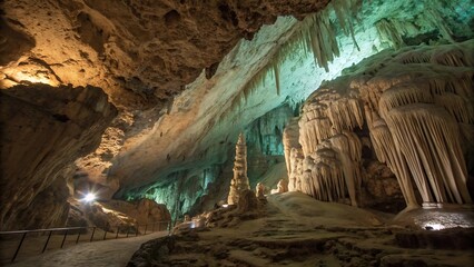 Awe-inspiring subterranean cavern: illuminated stalactites and stalagmites, dramatic rock formations, mysterious atmosphere, pathway, travel, adventure.