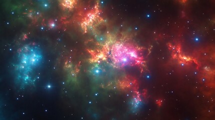 Close up of a vibrant star forming region with glowing stars embedded in colorful nebula clouds casting hues of blue red and green light across an expansive cosmic landscape