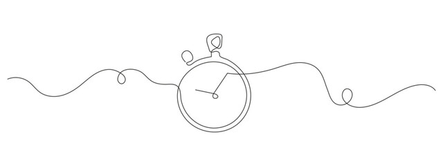 Stopwatch in one continuous line drawing style. Minimalist timer icon for sport, productivity, or countdown concepts. Hand drawn vector illustration. Isolated on white background.