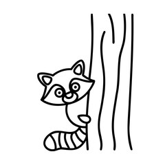 Black and white raccoon peeking from behind a tree trunk illustration