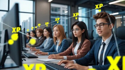 Diverse team collaboration in a modern office environment with interactive data visualization - Powered by Adobe