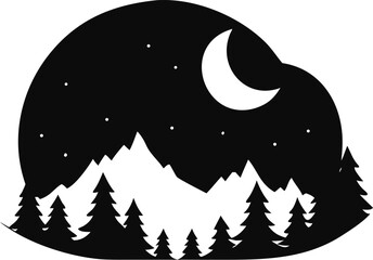 Snowy Mountain Landscape with Crescent Moon in Night Sky Vector Illustration
