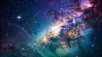 Obraz premium Cosmic Nebula: Vibrant Hues of Purple, Teal, and Gold in a Starry Night Sky