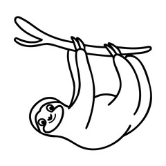 Black and white line art sloth hanging from a branch