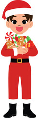 happy black kid character hold christmas treat in arms, smile boy cartoon wear Santa Claus costume with candy cane, sweet, gingerbread man illustration