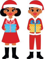 happy black children character hold christmas gift, smile boy and girl cartoon wear Santa Claus costume with festive present illustration