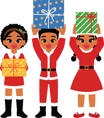 happy black children character hold christmas gift, smile boy and girl cartoon wear Santa Claus costume with festive present illustration