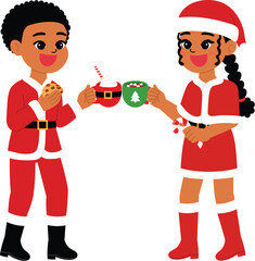 happy black children character toast for chocolate mug and treat , smile boy and girl cartoon wear Santa Claus costume cheers with mug illustration