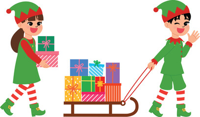 happy children character carry christmas gift, smile girl and boy cartoon wear elf costume truck festive present on sleigh  illustration