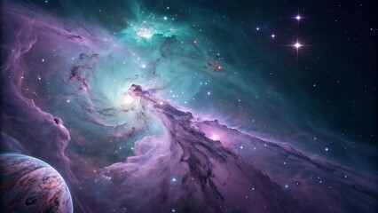Obraz premium Celestial Nebula: Purple and Teal Cosmic Landscape with Glowing Planet and Stars.