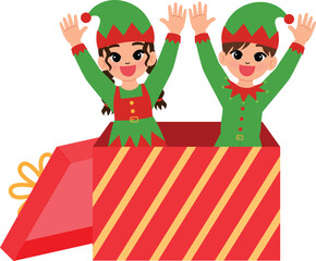 happy children character jump out from  giant christmas gift box, smile girl and boy cartoon wear elf costume surprise in joy illustration 