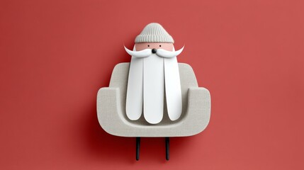 Cartoonish man wearing a knit cap and beard sits on a couch. The couch is red and the background is red as well