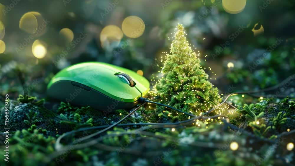 Poster A small green computer mouse sits atop a bright green grassy field, a simple yet interesting scene