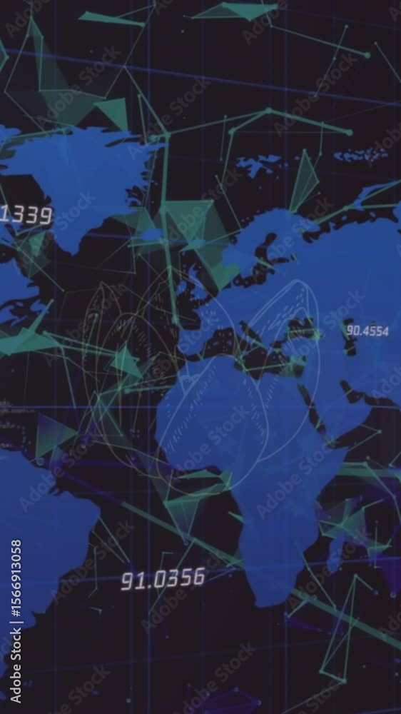Poster animation of light trails over network of connections with data processing and world map