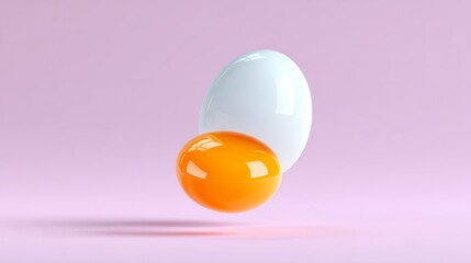 Two eggs are shown in a close up, one is orange and the other is white. The eggs are floating in the air, giving the impression of a playful and whimsical scene