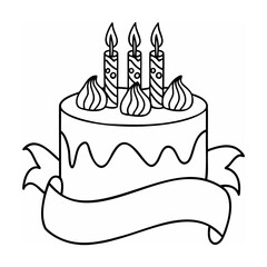 Black and white line art birthday cake with candles and banner