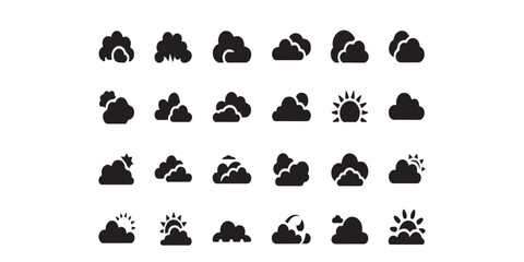 Collection of black cloud and sun icons arranged in a grid on a white background graphic resource