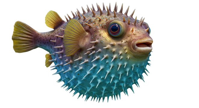 This detailed digital illustration shows a colorful pufferfish with spiky features isolated on a black background.