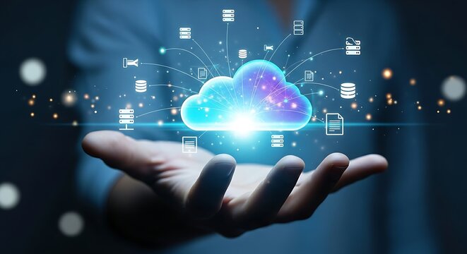 Cloud computing technology concept. Hand holds a glowing cloud hologram with data connections, representing cloud storage, SaaS, and digital transformation.